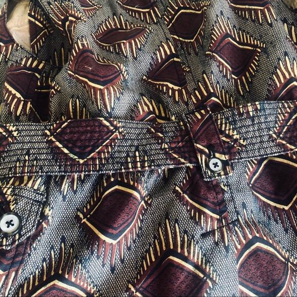 ANTHROPOLOGIE ELEVENSES Tribal Geometric Print Maroon Gold Belted Button Vest XS - Picture 6 of 11